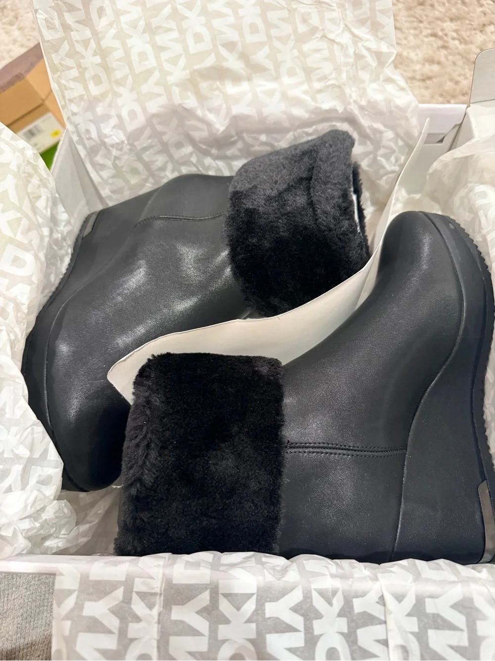 New In Box-DKNY Nadra Faux Shearling Wedge Booties Smooth Black